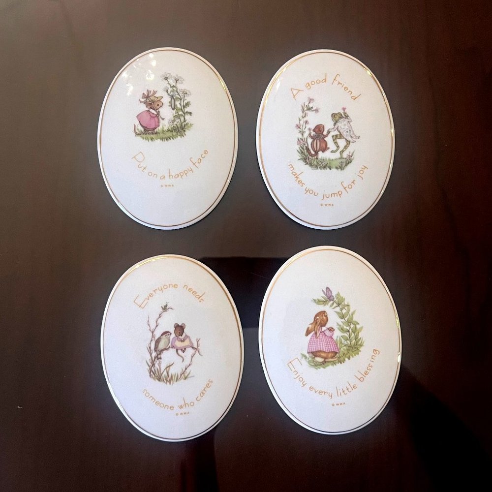 Genuine Porcelain 4- Piece 'Tiny Talks' Joyful Phrases Plaques!